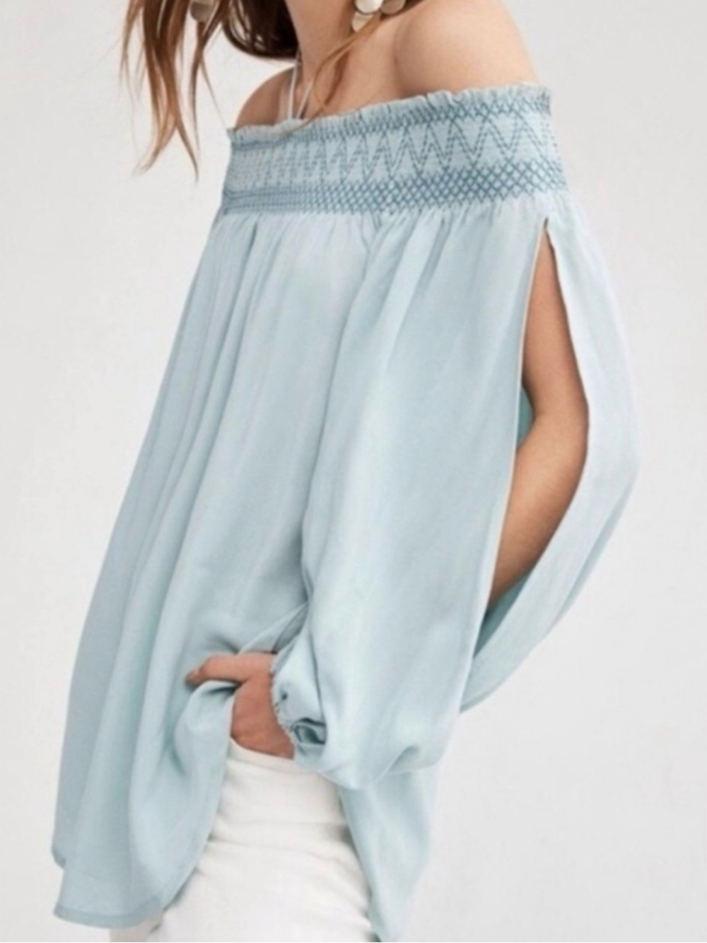 HOLDING HORSES Pale Blue Off-Shoulder Smocked Blouse